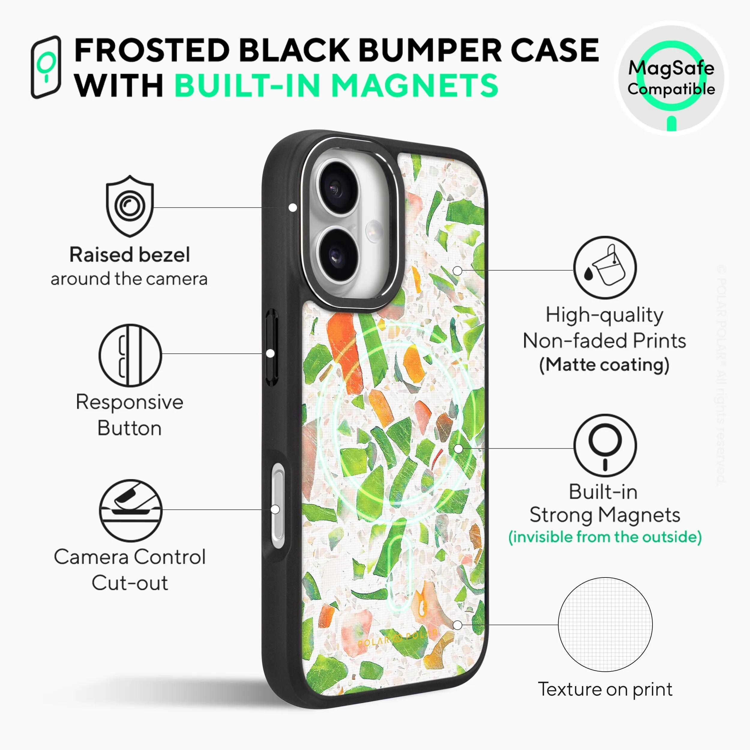 Terrazzo Green - iPhone 16 Frosted Black Bumper MagSafe Case