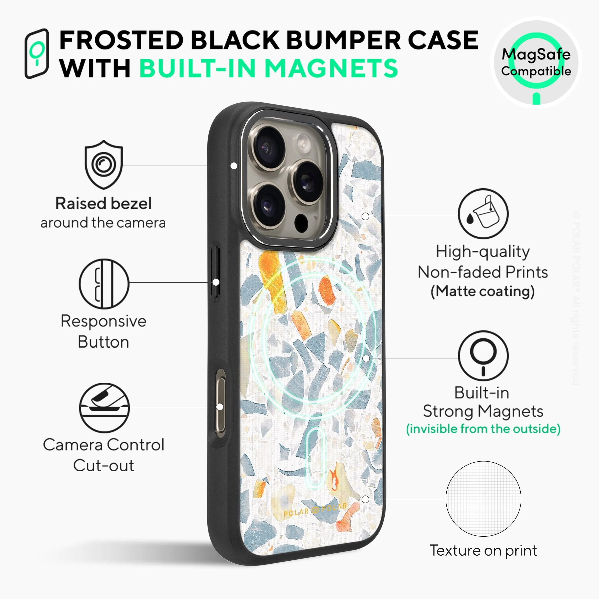 Terrazzo Grey - iPhone 16 Pro Max Frosted Black Bumper MagSafe Case