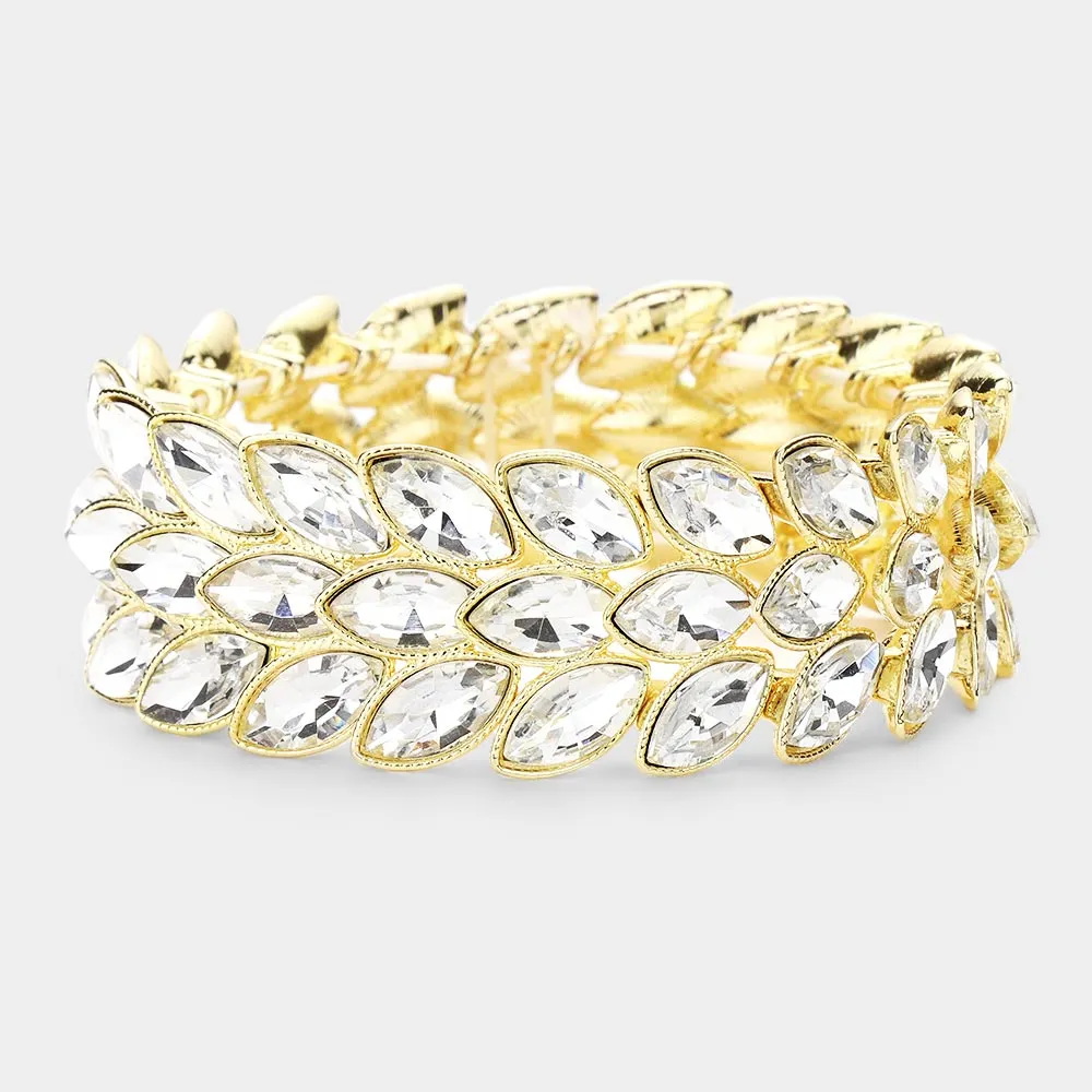Three Row Clear Crystal Marquise Stone Cluster Stretch Pageant Bracelet on Gold | Prom Bracelet | 506911