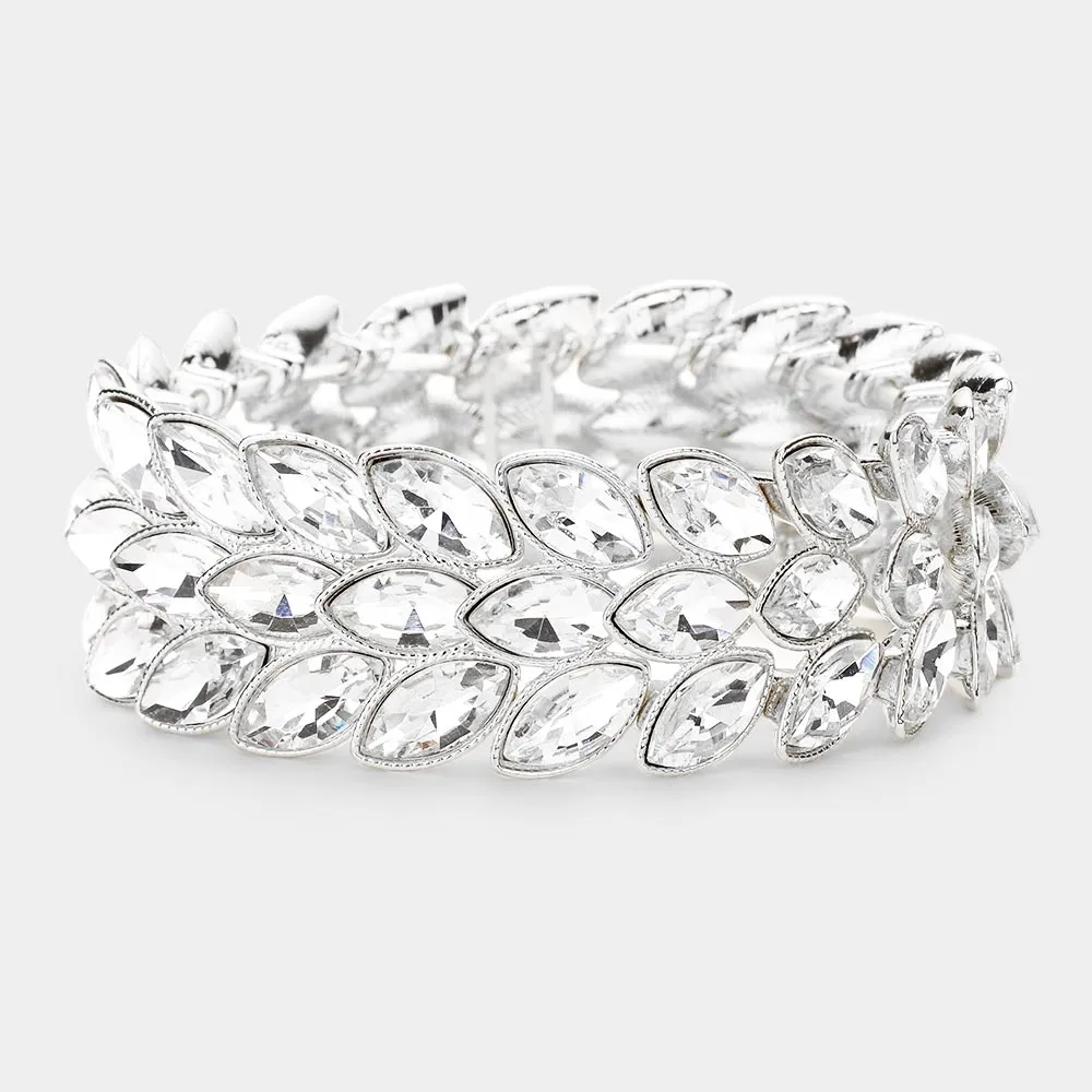 Three Row Clear Crystal Marquise Stone Cluster Stretch Pageant Bracelet  | Prom Bracelet | 506916