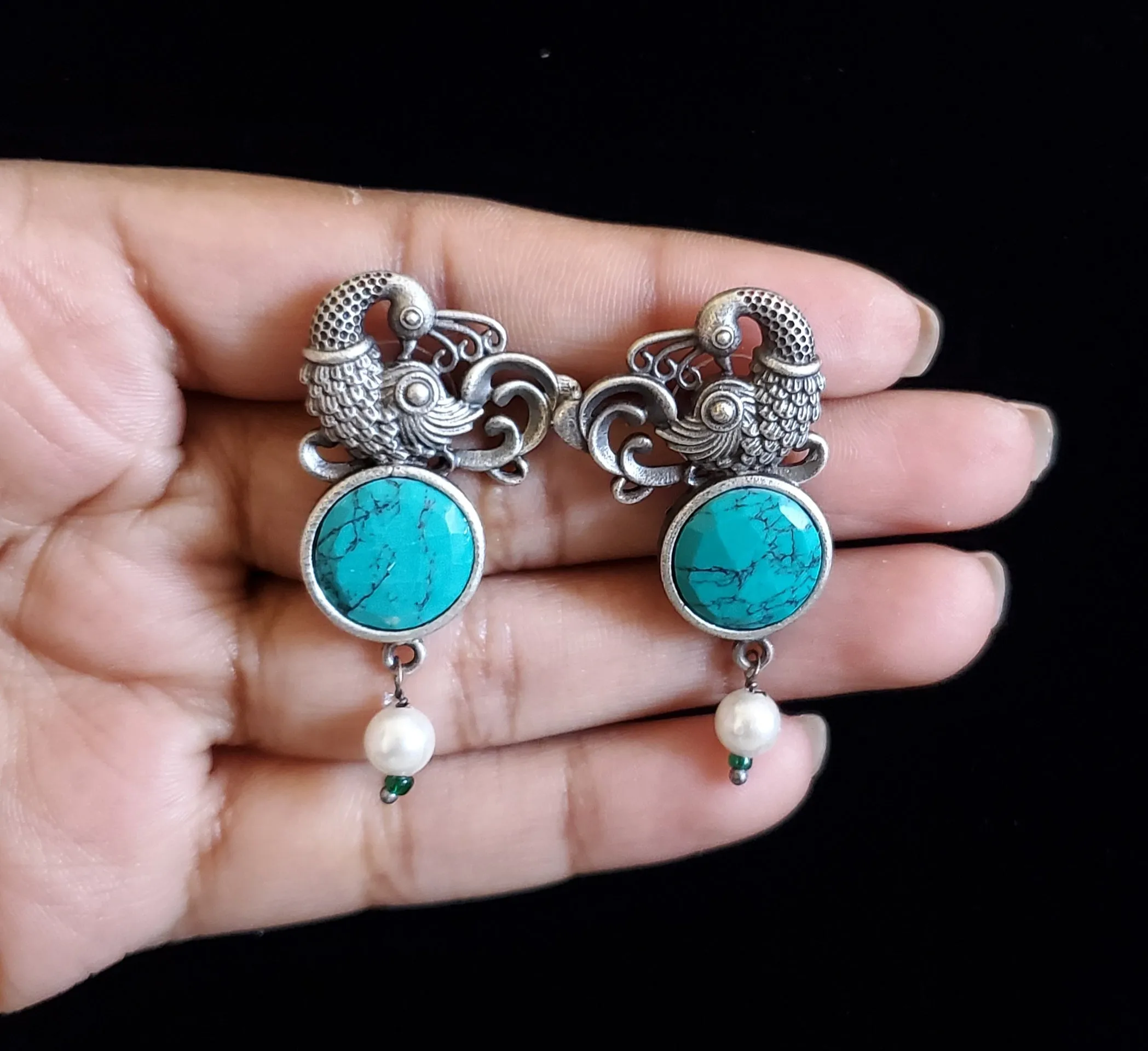 Trendy Earring With Oxidised Plating HL20 Turquoise