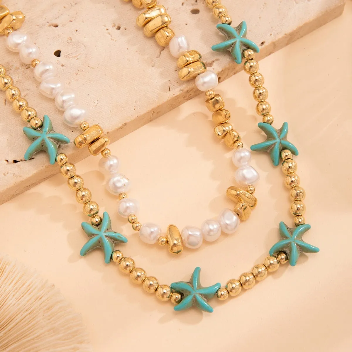Trendy Layered Irregular Stone Pearl Starfish Ball Chain Necklace Set