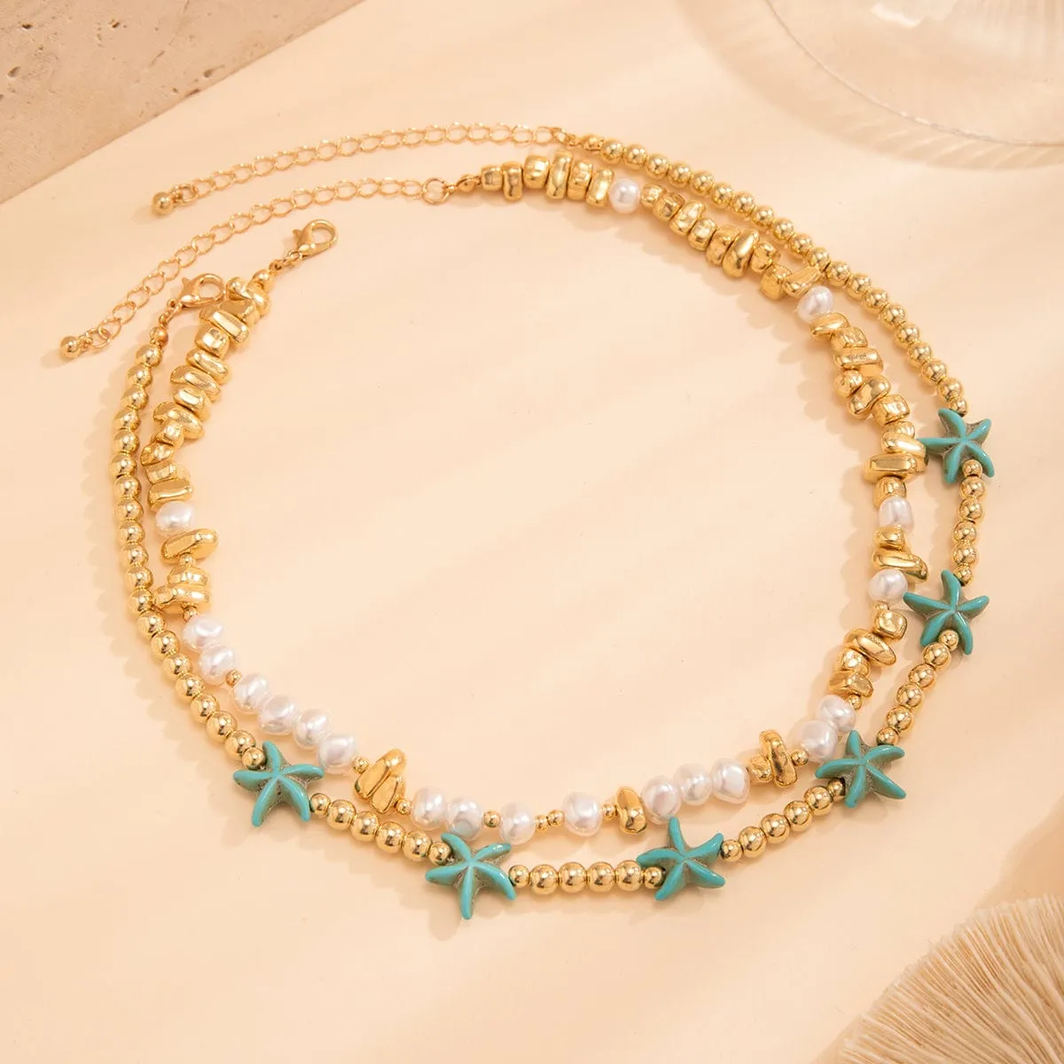 Trendy Layered Irregular Stone Pearl Starfish Ball Chain Necklace Set