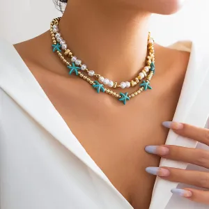 Trendy Layered Irregular Stone Pearl Starfish Ball Chain Necklace Set