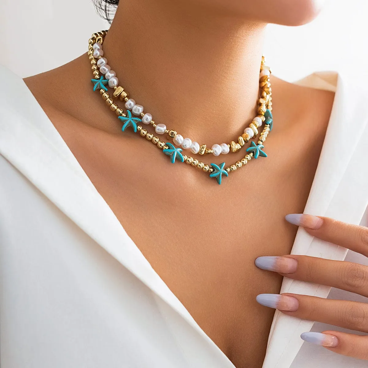 Trendy Layered Irregular Stone Pearl Starfish Ball Chain Necklace Set