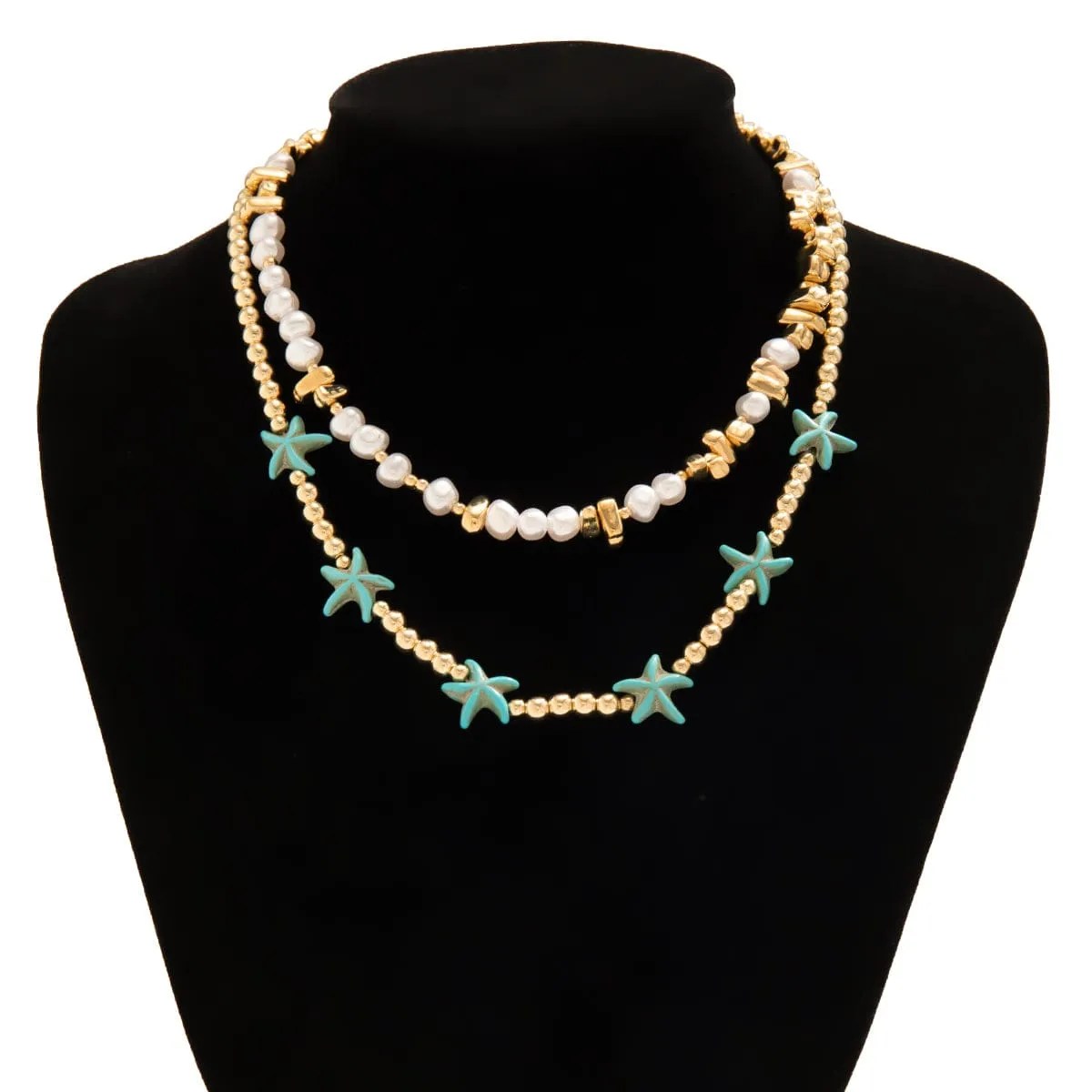 Trendy Layered Irregular Stone Pearl Starfish Ball Chain Necklace Set