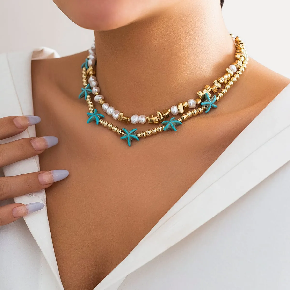 Trendy Layered Irregular Stone Pearl Starfish Ball Chain Necklace Set