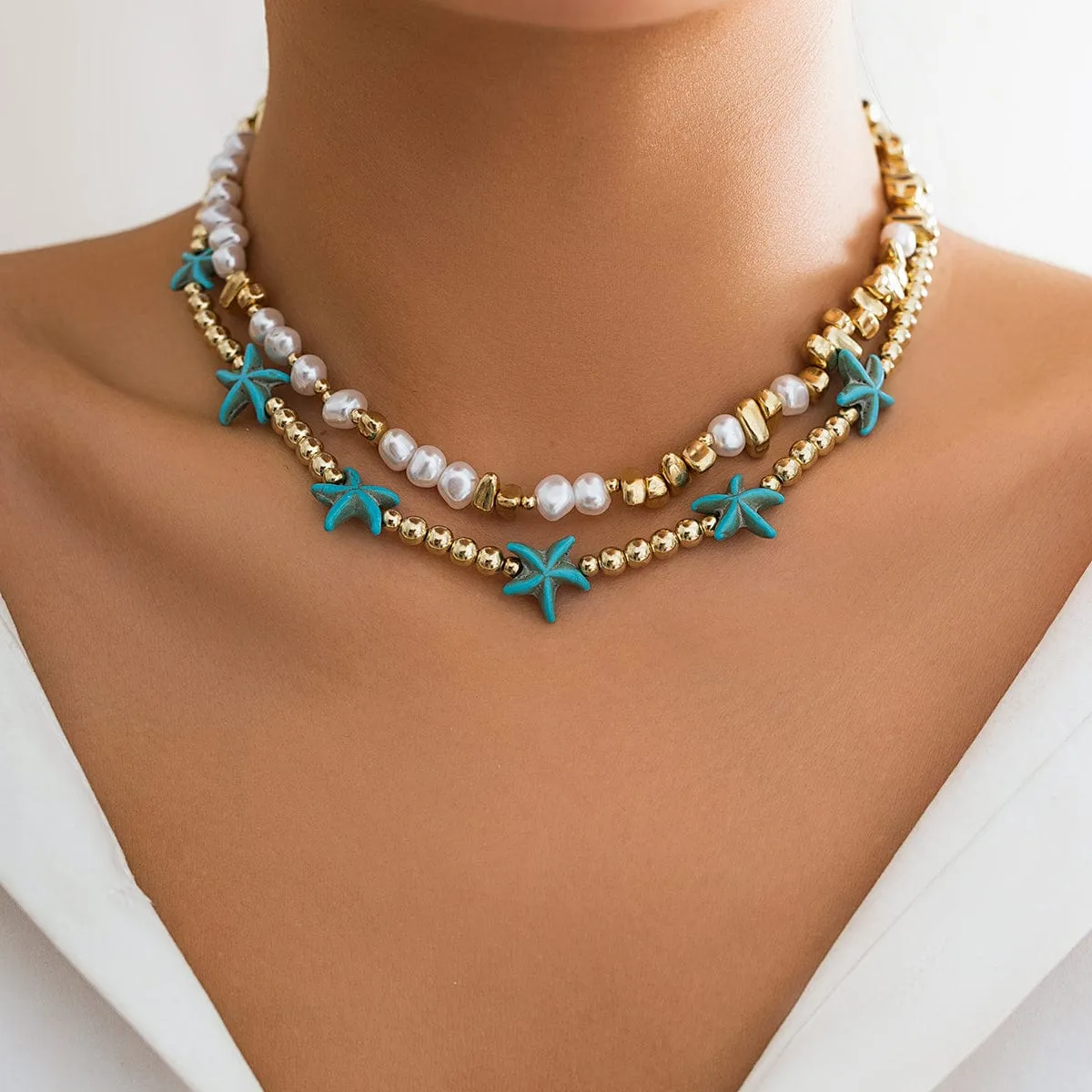 Trendy Layered Irregular Stone Pearl Starfish Ball Chain Necklace Set