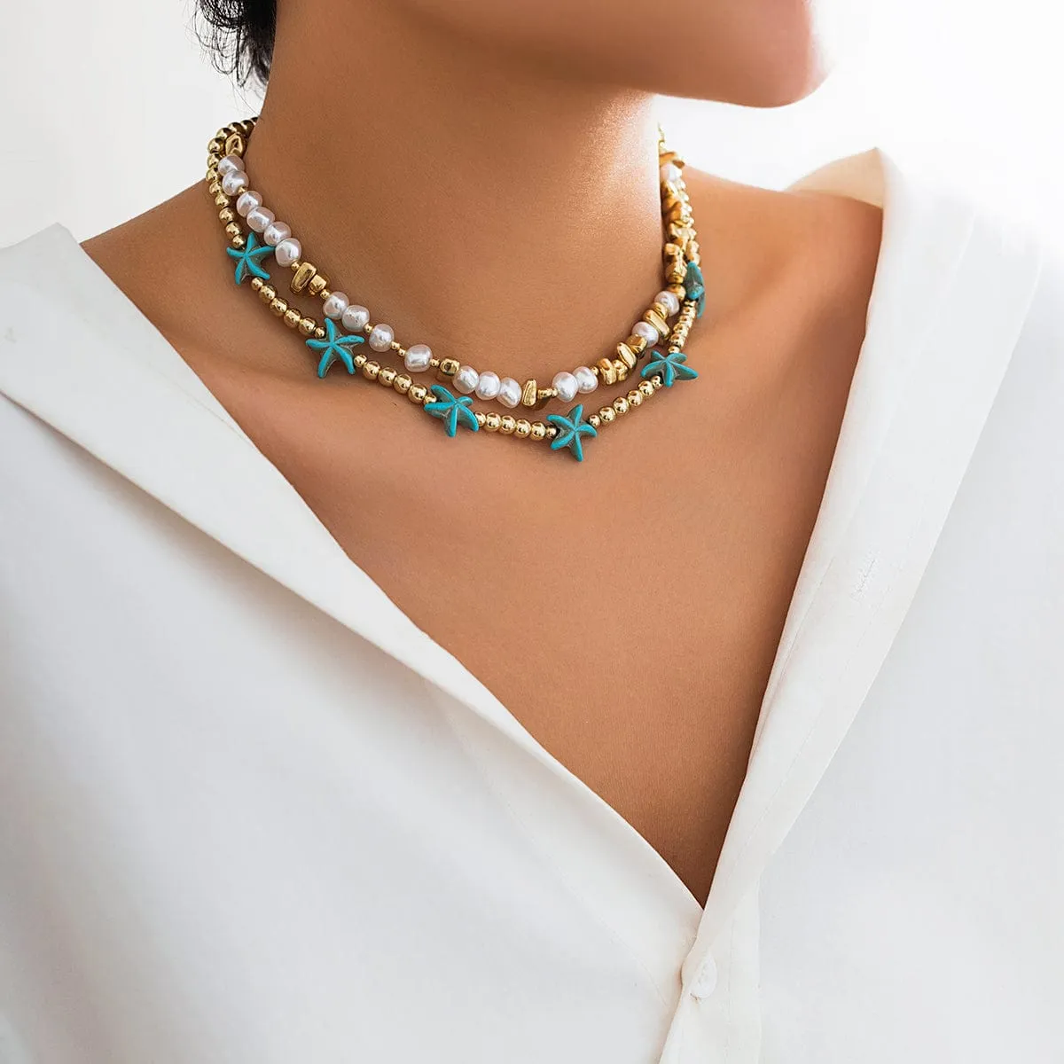 Trendy Layered Irregular Stone Pearl Starfish Ball Chain Necklace Set