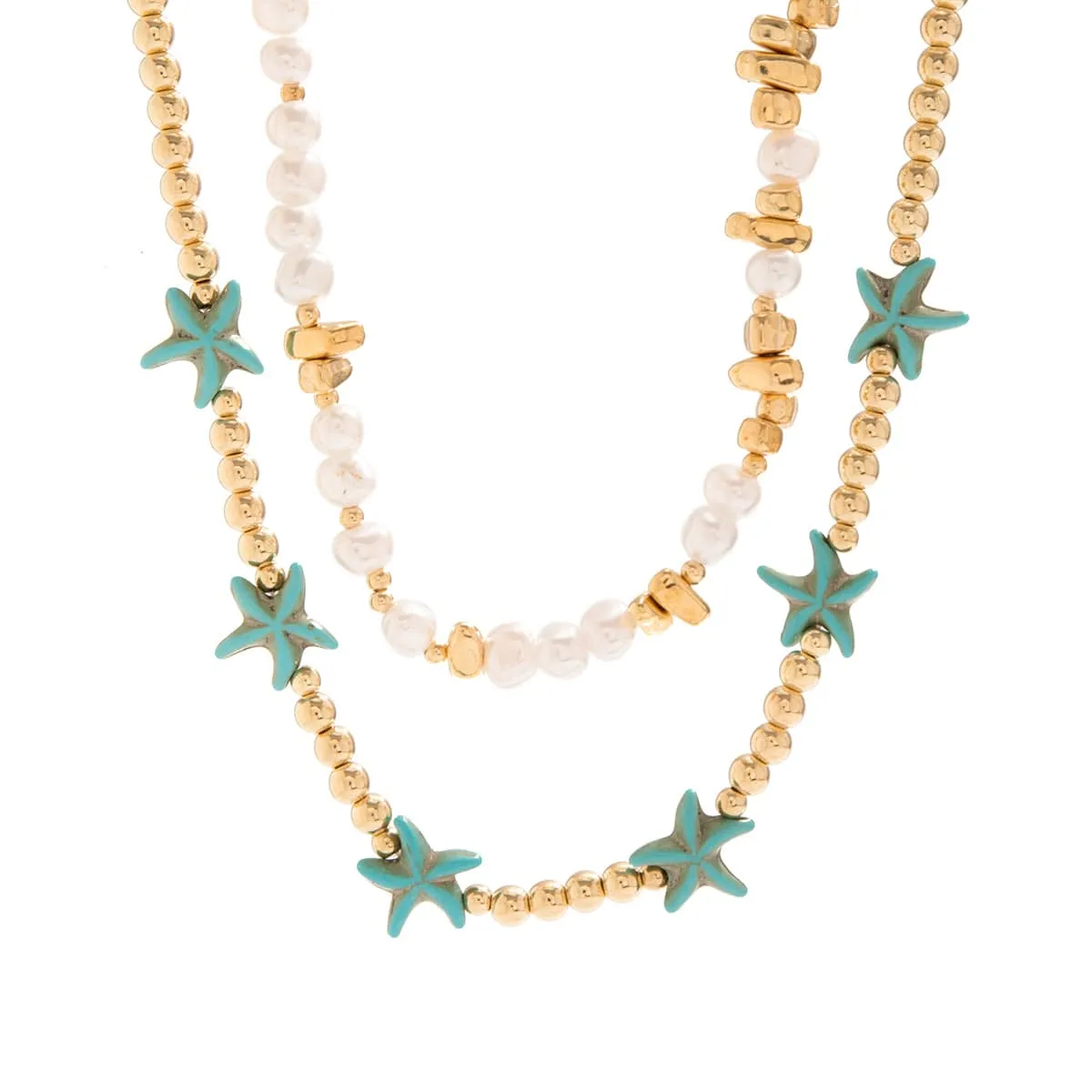 Trendy Layered Irregular Stone Pearl Starfish Ball Chain Necklace Set