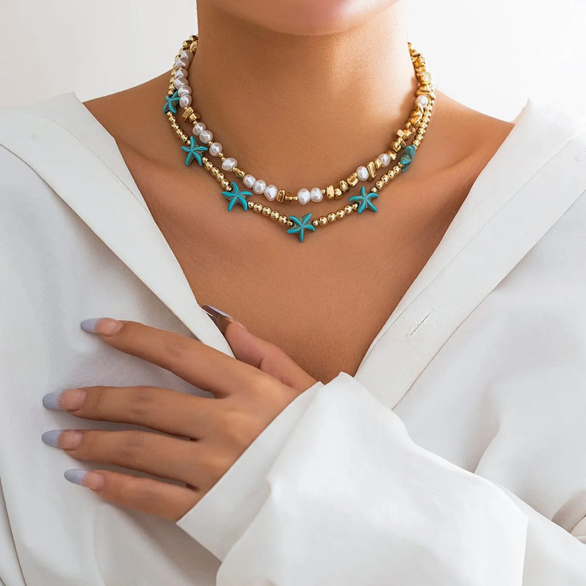 Trendy Layered Irregular Stone Pearl Starfish Ball Chain Necklace Set