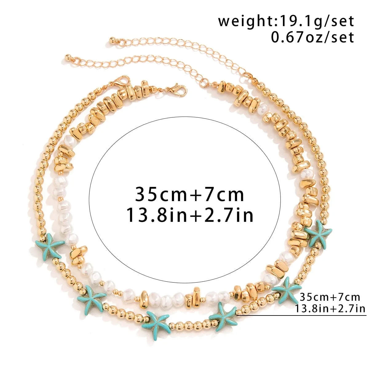 Trendy Layered Irregular Stone Pearl Starfish Ball Chain Necklace Set