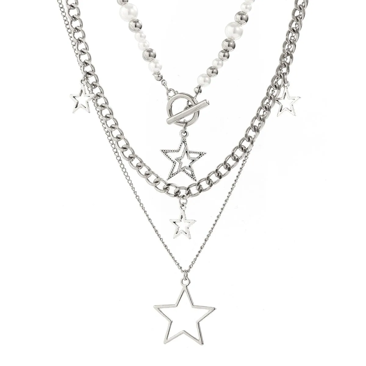 Trendy Layered Star Tassel Pearl Chain Necklace Set