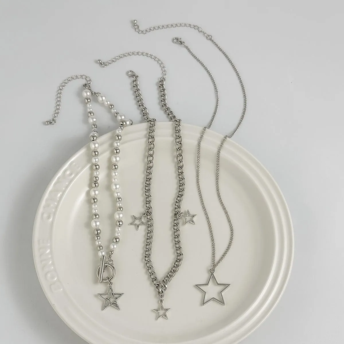 Trendy Layered Star Tassel Pearl Chain Necklace Set