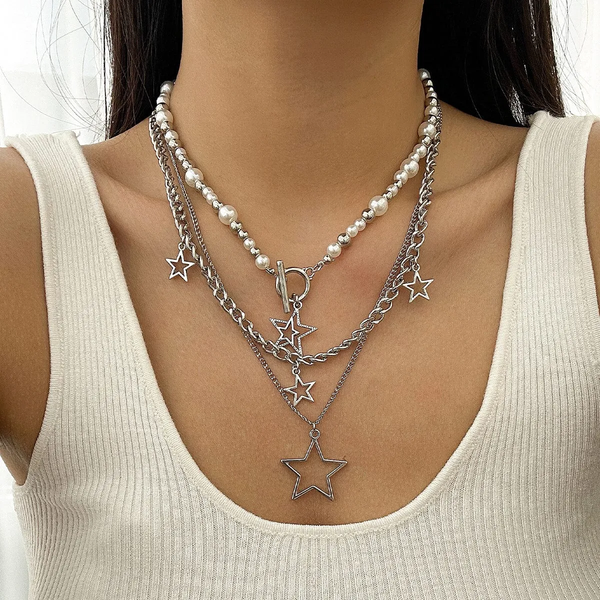 Trendy Layered Star Tassel Pearl Chain Necklace Set