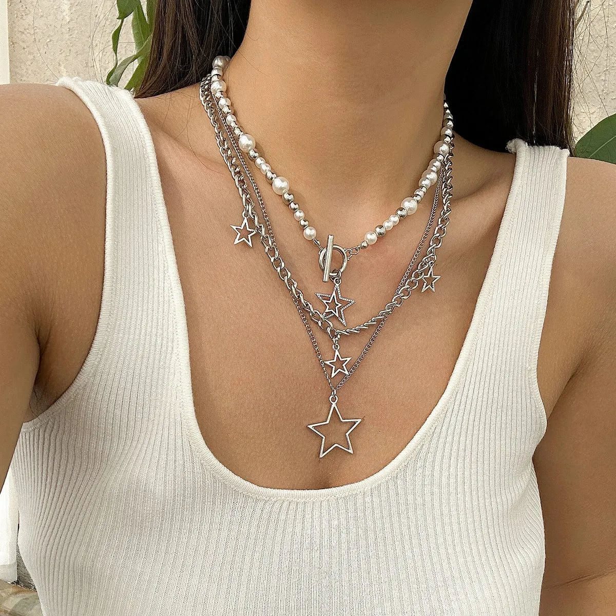 Trendy Layered Star Tassel Pearl Chain Necklace Set
