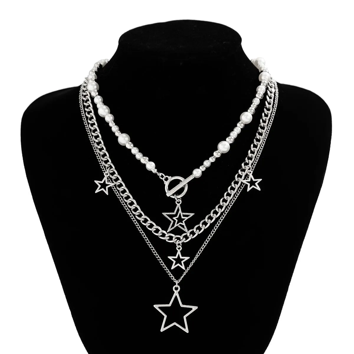 Trendy Layered Star Tassel Pearl Chain Necklace Set