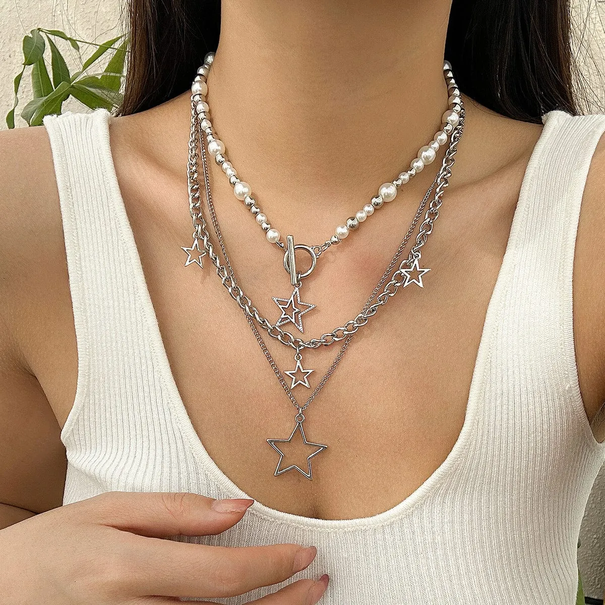Trendy Layered Star Tassel Pearl Chain Necklace Set