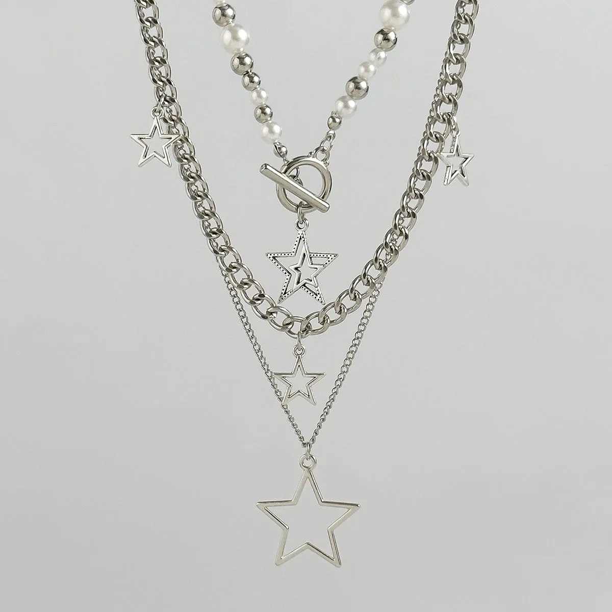 Trendy Layered Star Tassel Pearl Chain Necklace Set