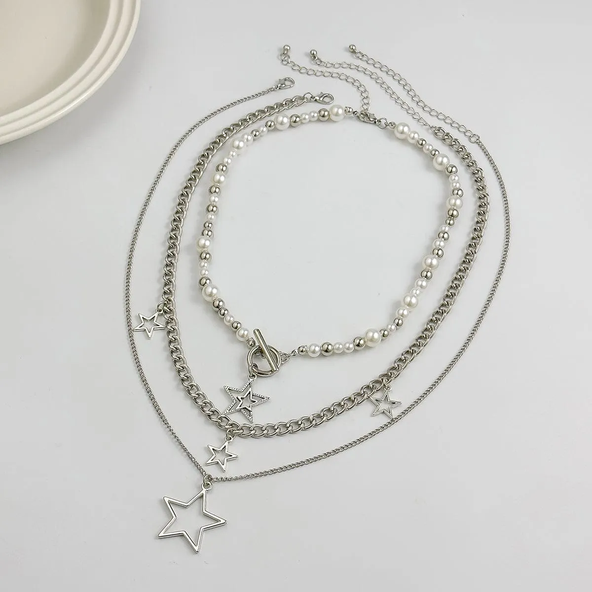 Trendy Layered Star Tassel Pearl Chain Necklace Set