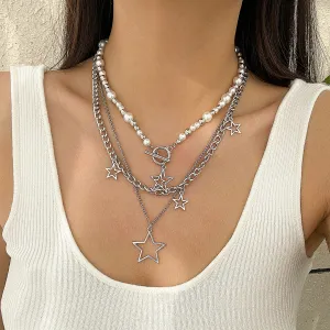 Trendy Layered Star Tassel Pearl Chain Necklace Set