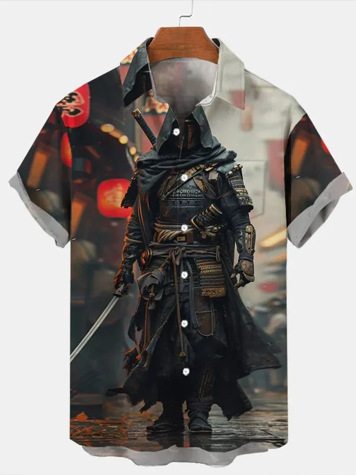 Trendy Samurai Print Short Sleeve Shirt