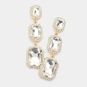Triple Emerald Cut Clear Stone Link Pageant Earrings on Gold | Prom Earrings | 572917