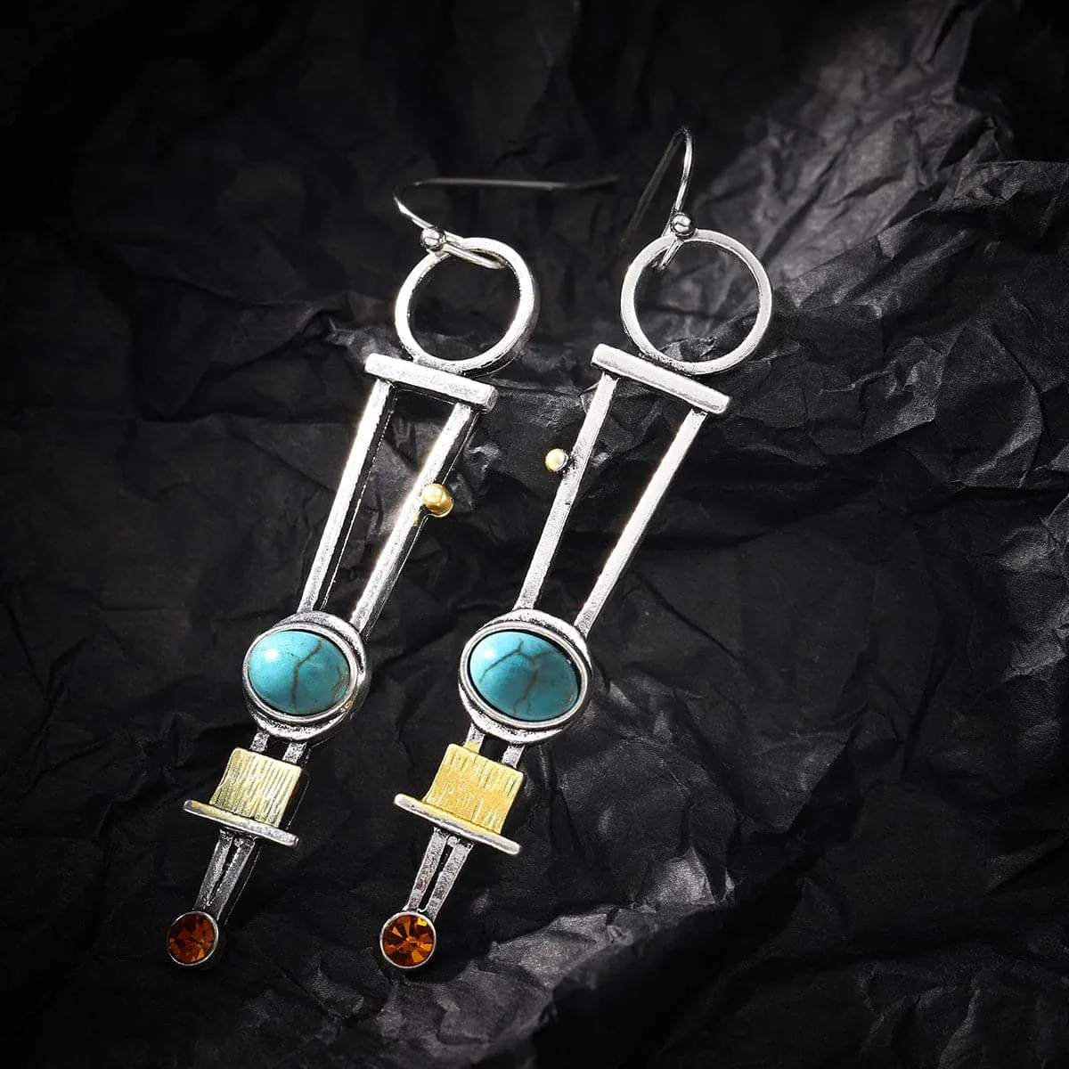 Turquoise & Cubic Zirconia Silver-Plated Geometric Drop Earrings