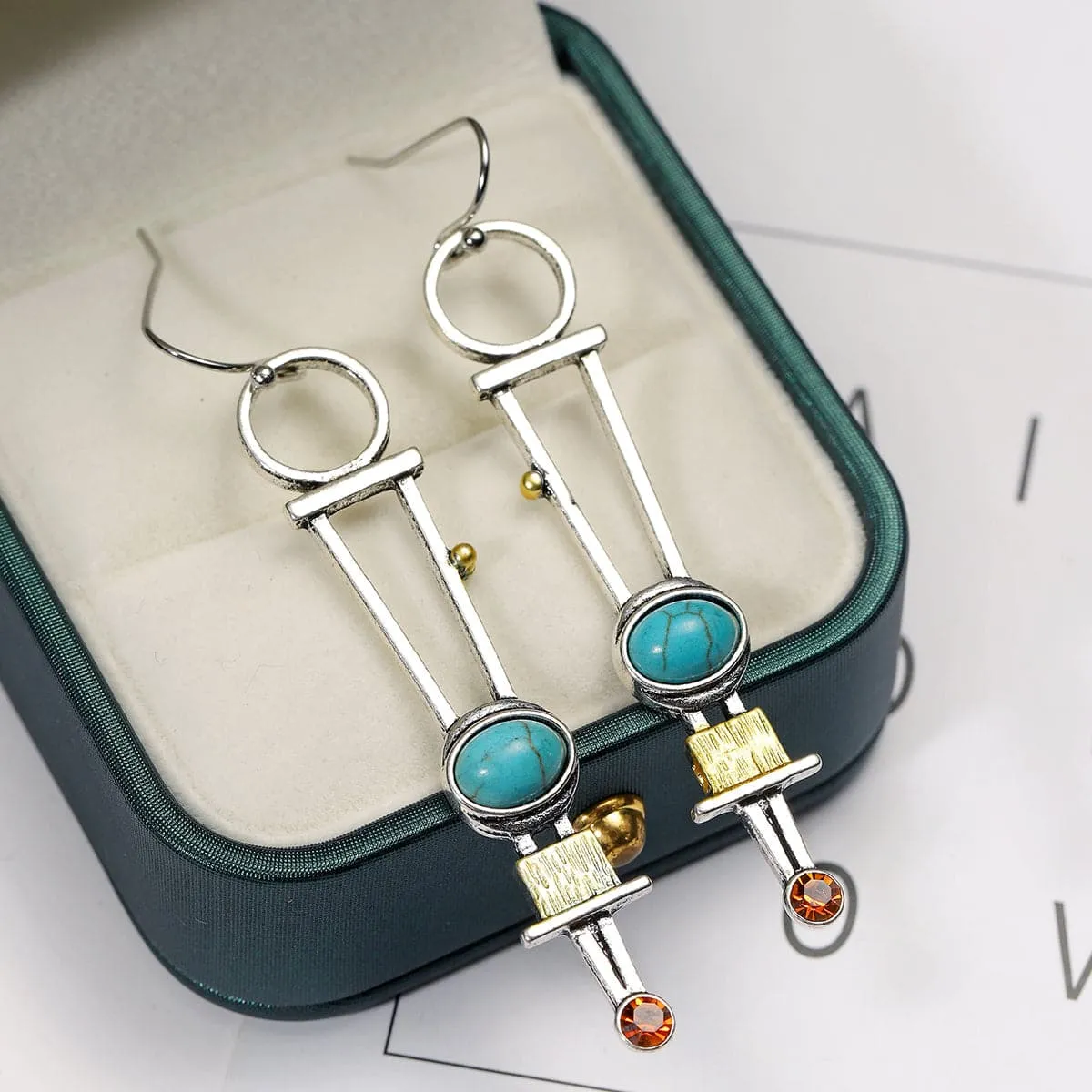 Turquoise & Cubic Zirconia Silver-Plated Geometric Drop Earrings