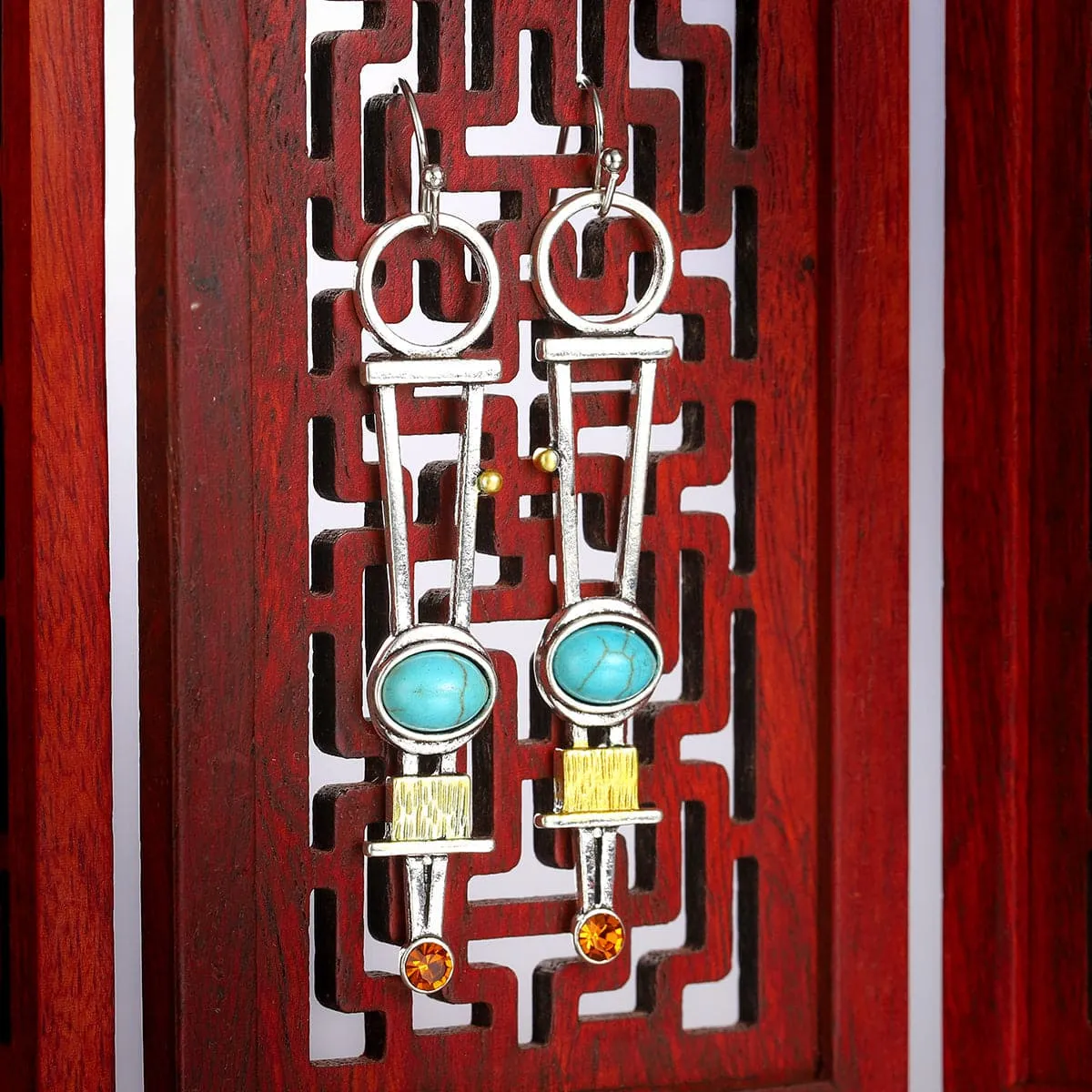 Turquoise & Cubic Zirconia Silver-Plated Geometric Drop Earrings