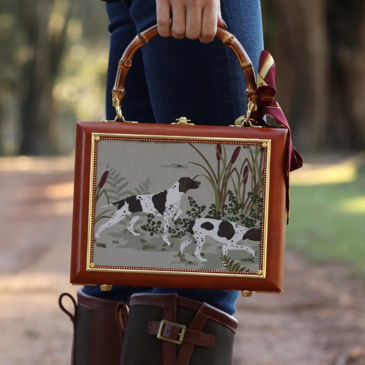 Two Hunting Dogs w/ Bamboo Handles Handbag