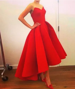 Unique Sweetheart Neck Tea Length Red Prom Dresses, Unique Red Evening Dresses