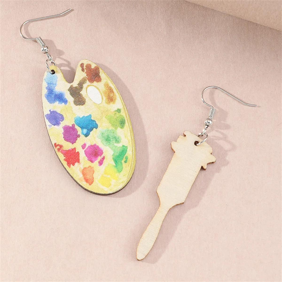 Vibrant Wood Palette Brush Mismatched Drop Earrings