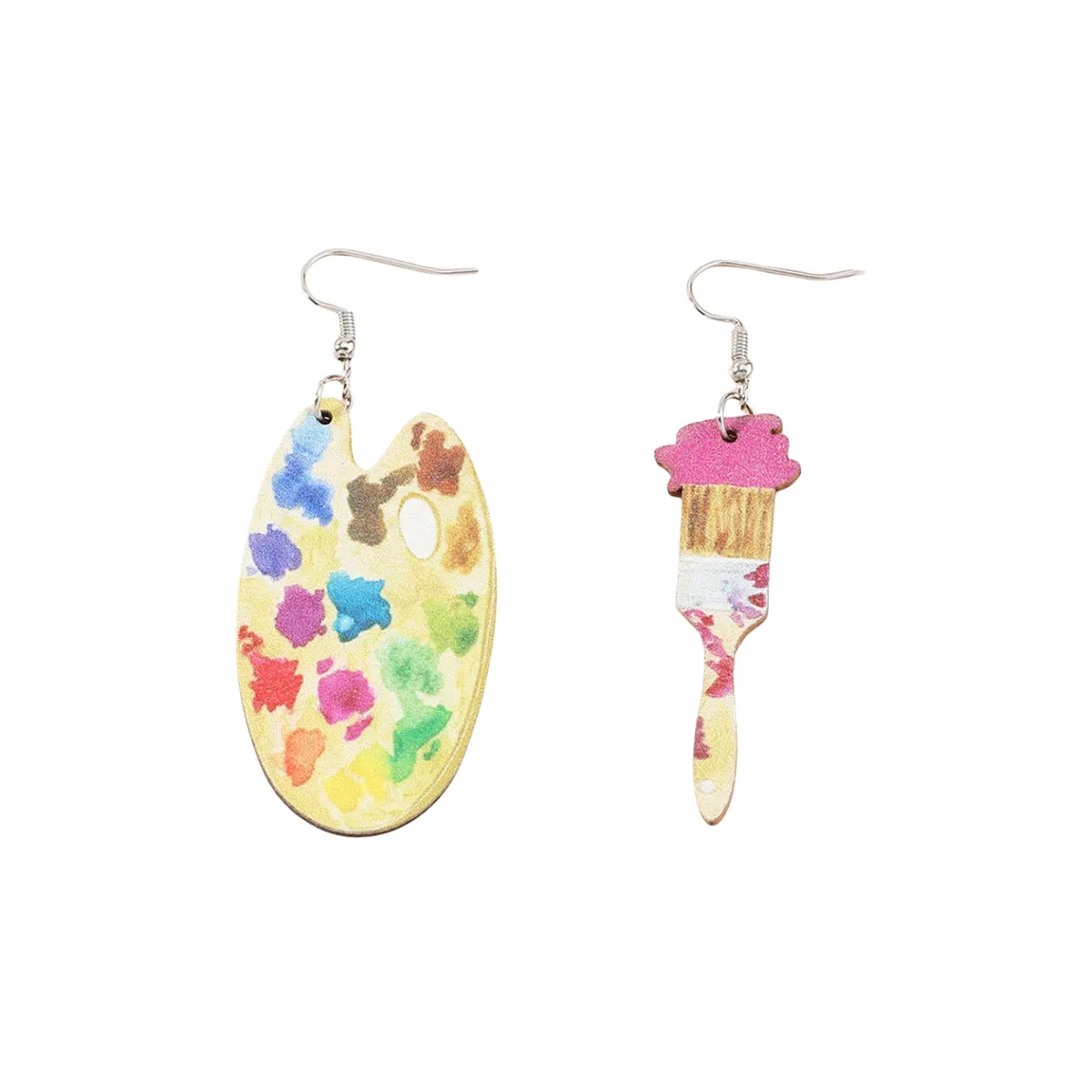 Vibrant Wood Palette Brush Mismatched Drop Earrings