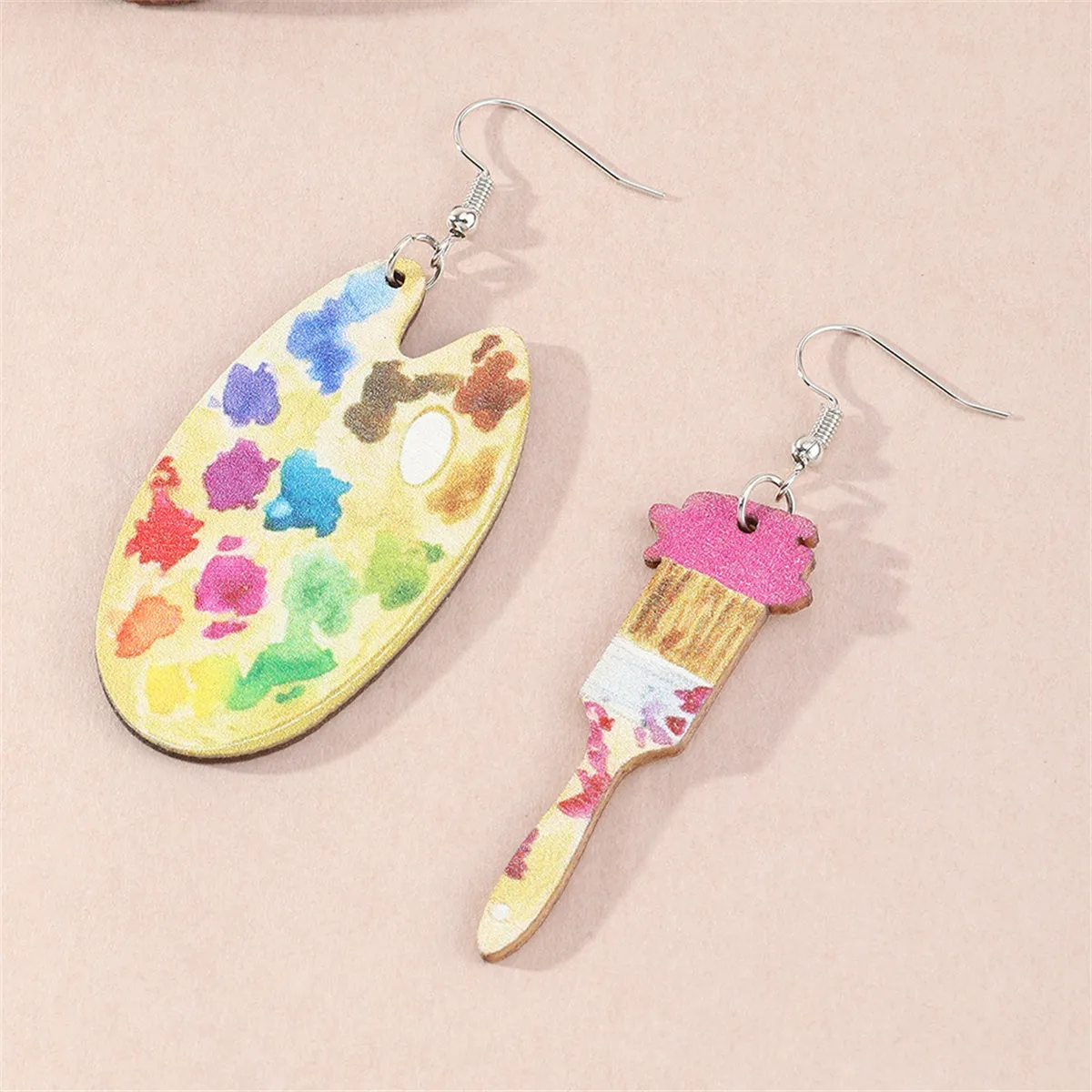 Vibrant Wood Palette Brush Mismatched Drop Earrings