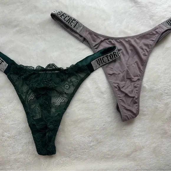 Victoria's Secret lace and Satin Thong Set with Rhinestone Straps
