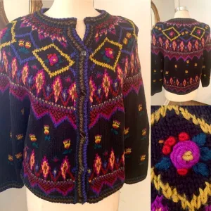 Vintage Colorful Chunky Cardigan Sweater Vivian Wang Wool Floral Roses Women’s S