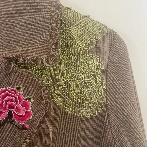 Vintage DB SPORT Embroidered Art To Wear Funky Boho Frayed Plaid Jacket Hippie