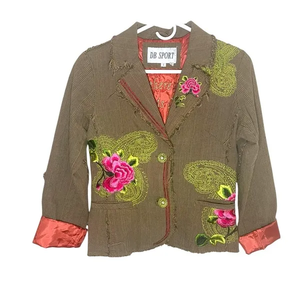 Vintage DB SPORT Embroidered Art To Wear Funky Boho Frayed Plaid Jacket Hippie