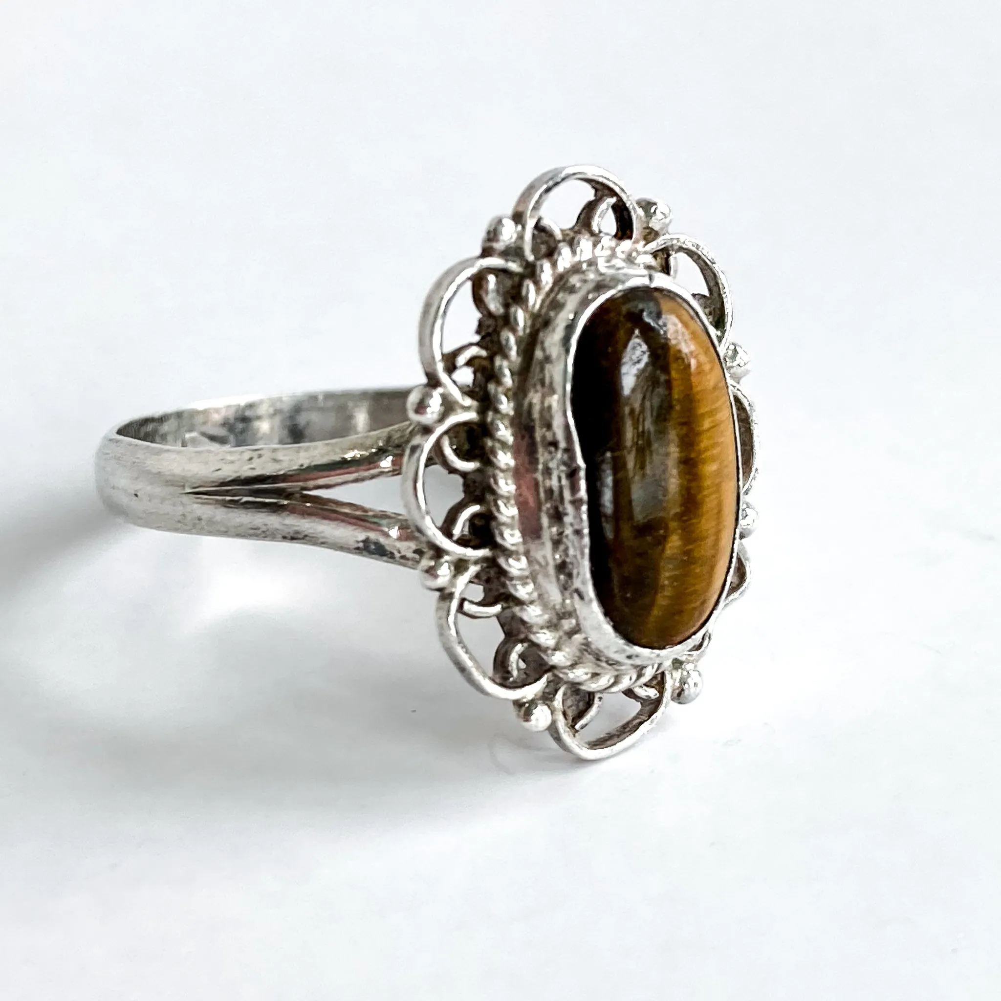 Vintage Mexico Sterling Silver Oval Faux Tiger Eye Wood Filigree Ring