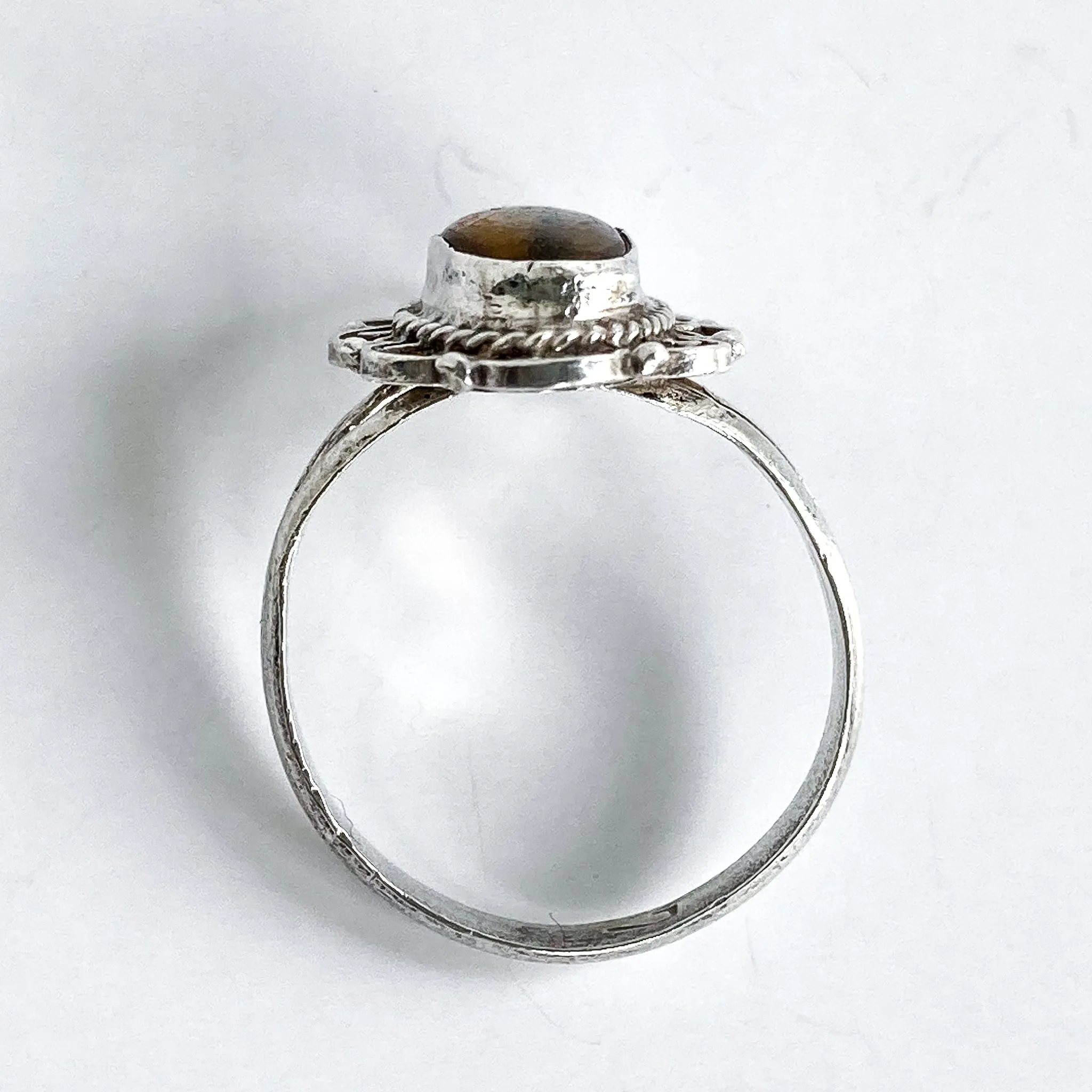 Vintage Mexico Sterling Silver Oval Faux Tiger Eye Wood Filigree Ring