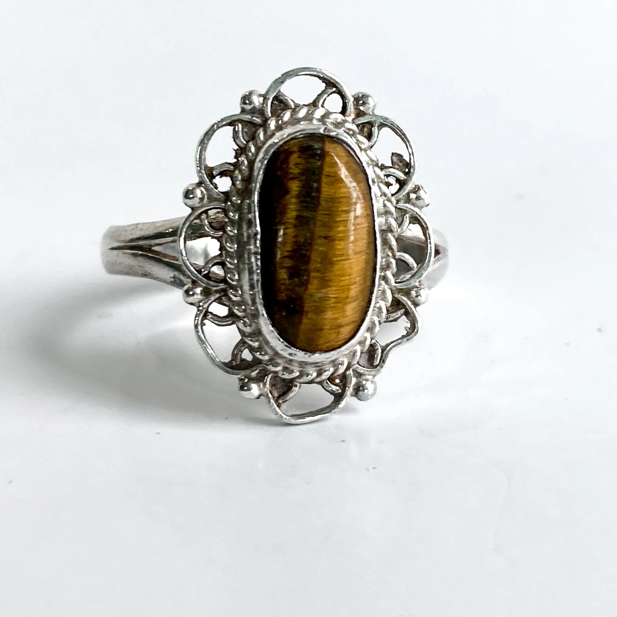 Vintage Mexico Sterling Silver Oval Faux Tiger Eye Wood Filigree Ring