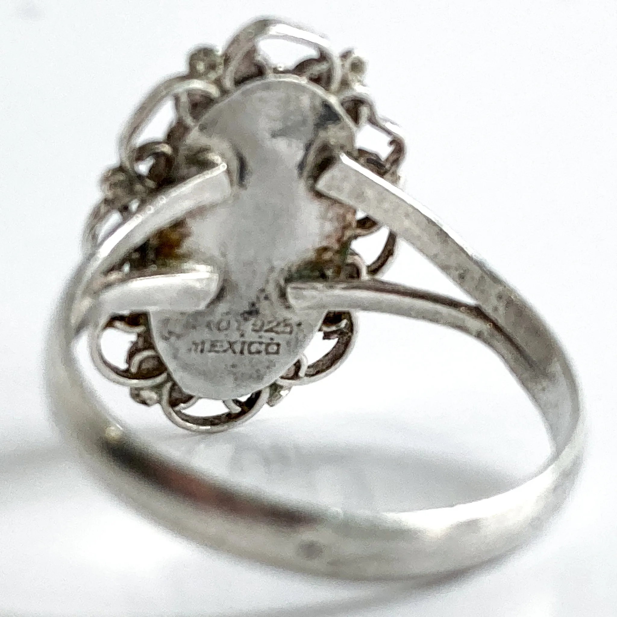Vintage Mexico Sterling Silver Oval Faux Tiger Eye Wood Filigree Ring
