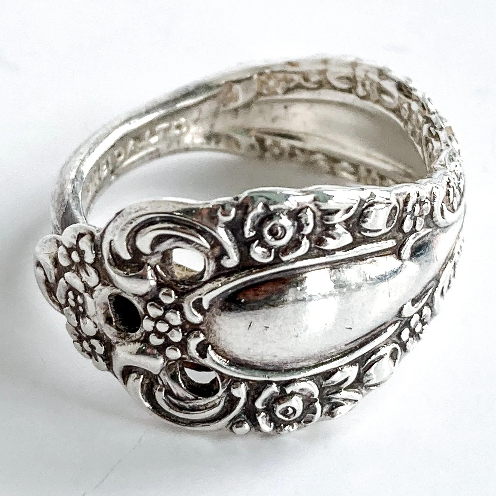 Vintage Recycled Oneida Silver Artsy Floral Repousse Spoon Handle Ring