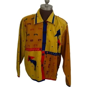 Vintage Yak Magik Colorful Blazer Artsy Mixed Media Yellow Blue Size Large
