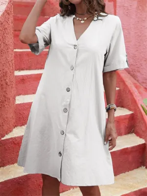 Vogue Single Breasted V Neck Loose Elegant A-line Dress for Lady