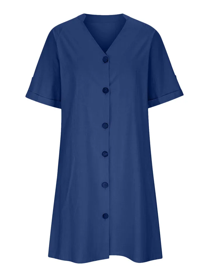 Vogue Single Breasted V Neck Loose Elegant A-line Dress for Lady