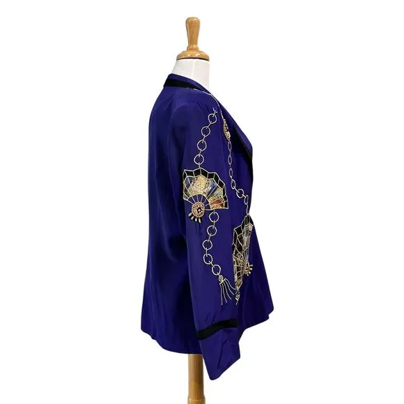 VTG Anne French Blazer Jacket Sz 14 100% Silk Beaded Embroidered Artsy Classy