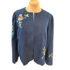 Vtg Handmade SZ XL Denim Jacket Blazer Farmhouse Birds Cross Stitch Cottagecore
