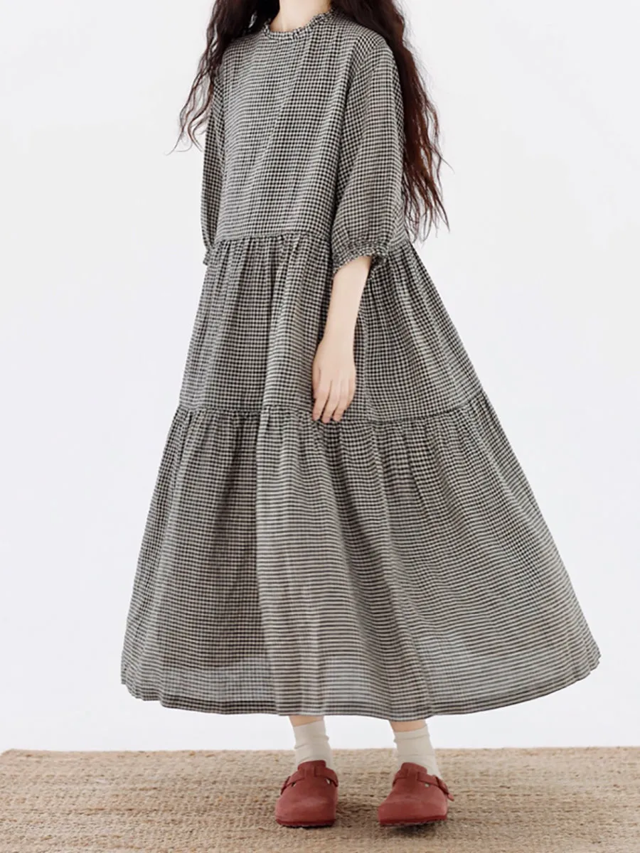 Women Artsy Plaid Loose 100%Linen Tiered Dress